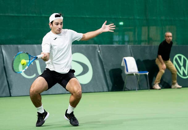 Single between Frederik Loechte Nielsen and Ignacio Garcia Denmark meets Puerto Rico in Davis Cup in Holbaek Sportsby, Saturday, March 7, 2020, Holbaek Denmark,  Copyright: ClausxBechx cop103 spdk20200307-152122-L