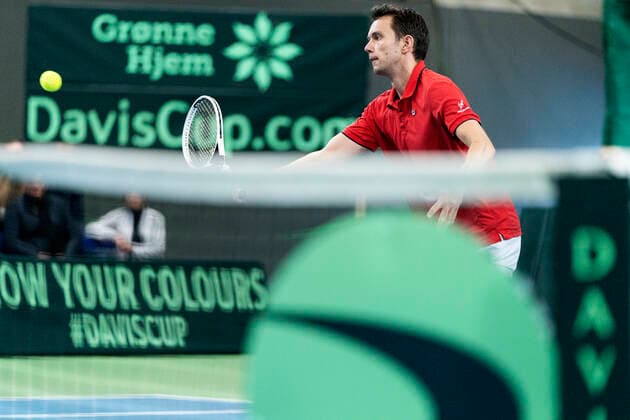 Single between Frederik Loechte Nielsen and Ignacio Garcia Denmark meets Puerto Rico in Davis Cup in Holbaek Sportsby, Saturday, March 7, 2020, Holbaek Denmark,  Copyright: ClausxBechx cop103 spdk20200307-152617-L