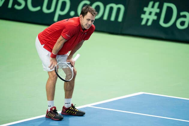 Single between Frederik Loechte Nielsen and Ignacio Garcia Denmark meets Puerto Rico in Davis Cup in Holbaek Sportsby, Saturday, March 7, 2020, Holbaek Denmark,  Copyright: ClausxBechx cop103 spdk20200307-153145-L