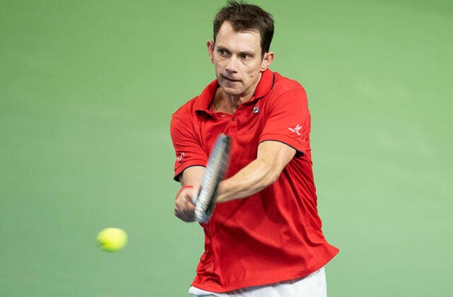 Single between Frederik Loechte Nielsen and Ignacio Garcia Denmark meets Puerto Rico in Davis Cup in Holbaek Sportsby, Saturday, March 7, 2020, Holbaek Denmark,  Copyright: ClausxBechx cop103 spdk20200307-153149-L