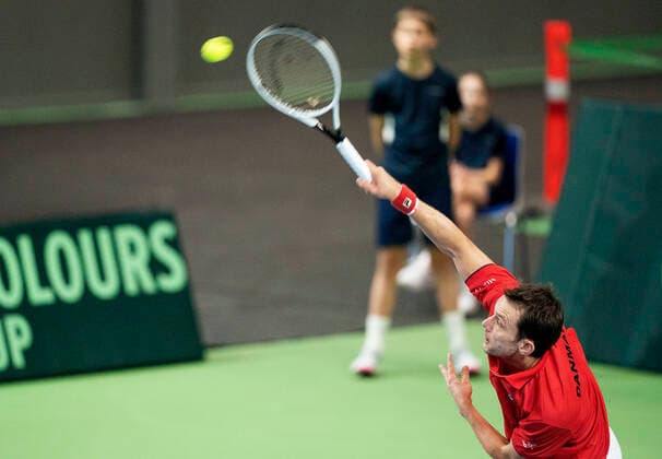 Single between Frederik Loechte Nielsen and Ignacio Garcia Denmark meets Puerto Rico in Davis Cup in Holbaek Sportsby, Saturday, March 7, 2020, Holbaek Denmark,  Copyright: ClausxBechx cop103 spdk20200307-153153-L