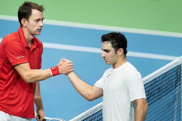 Single between Frederik Loechte Nielsen and Ignacio Garcia Denmark meets Puerto Rico in Davis Cup in Holbaek Sportsby, Saturday, March 7, 2020, Holbaek Denmark,  Copyright: ClausxBechx cop103 spdk20200307-153159-L