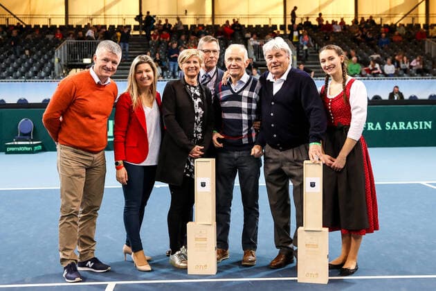 TENNIS - Davis Cup, AUT vs URU PREMSTAETTEN,AUSTRIA,07.MAR.20 - TENNIS - ITF Davis Cup, Austria vs Uruguay. Image shows Thomas Schweda (OETV), president Christina Toth (OETV), Barbara Muhr, Martin Corrie, Peter Pokorny, Hans Kary and hostess. GEPAxpictures xMaticxKlansek
