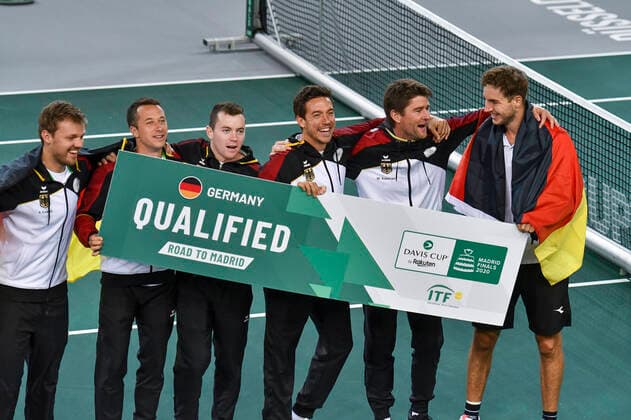 07 03 2020, GER, Davis Cup, Germany vs. Belarus 07 03 2020, GER, Davis Cup, Germany vs. Belarus , CASTELLO Düsseldorf, Duesseldorf in the picture picture picture shows the team of Germany Cheering Joy Emotion after the victory pep Mauelshagen pep00321