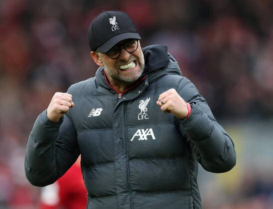 7th March 2020; Anfield, Liverpool, Merseyside, England; English Premier League Football, Liverpool versus AFC Bournemouth; Liverpool manager Jurgen Klopp celebrates in front of the Kop as the match ends with a 2-1 Liverpool win  ActionPlus12215908 DavidxBlunsden
