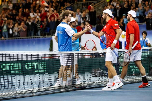 TENNIS - Davis Cup, AUT vs URU PREMSTAETTEN,AUSTRIA,07.MAR.20 - TENNIS - ITF Davis Cup, Austria vs Uruguay. Image shows Ariel Behar (URU), Pablo Cuevas (URU), Juergen Melzer (AUT) and Oliver Marach (AUT). GEPAxpictures xMaticxKlansek