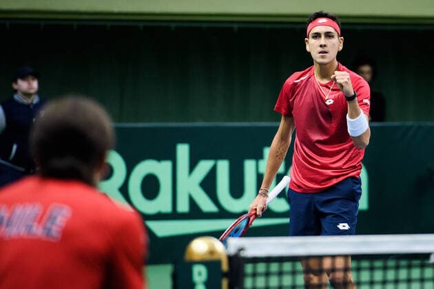 200307 Alejandro Tabilo of Chile celebrate during a Davis Cup qualification tennis match between Sweden and Chile on March 7, 2020 in Stockholm,  Copyright: ERIKxSIMANDER BB200307BB869