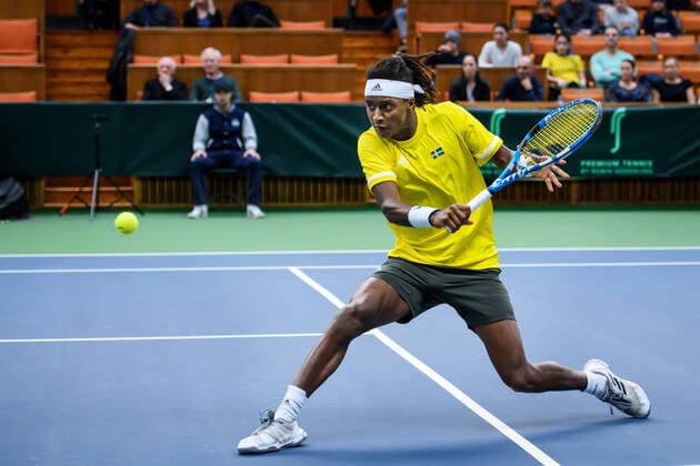 200307 Mikael Ymer of Sweden during a Davis Cup qualification tennis match between Sweden and Chile on March 7, 2020 in Stockholm,  Copyright: ERIKxSIMANDER BB200307BB870