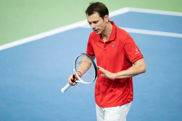 Single between Frederik Loechte Nielsen and Ignacio Garcia Denmark meets Puerto Rico in Davis Cup in Holbaek Sportsby, Saturday, March 7, 2020, Holbaek Denmark,  Copyright: ClausxBechx cop103 spdk20200307-155646-L