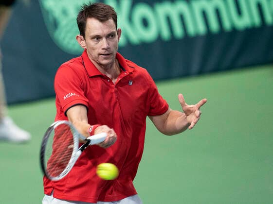 Single between Frederik Loechte Nielsen and Ignacio Garcia Denmark meets Puerto Rico in Davis Cup in Holbaek Sportsby, Saturday, March 7, 2020, Holbaek Denmark,  Copyright: ClausxBechx cop103 spdk20200307-155655-L