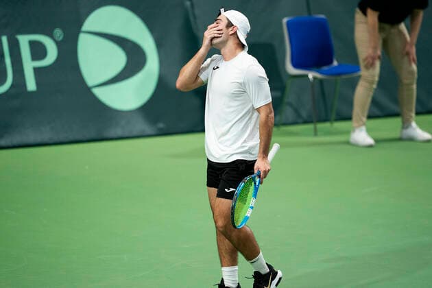 Single between Frederik Loechte Nielsen and Ignacio Garcia Denmark meets Puerto Rico in Davis Cup in Holbaek Sportsby, Saturday, March 7, 2020, Holbaek Denmark,  Copyright: ClausxBechx cop103 spdk20200307-155700-L
