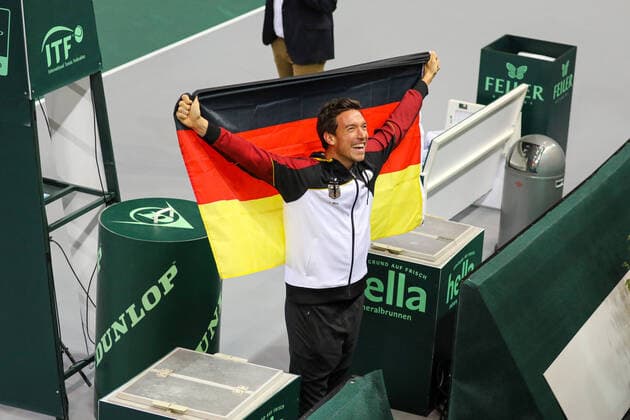 Andreas MIES GER cheers for Germany, Davis Cup qualification 2020 Germany vs. Belarus, Düsseldorf, 07 03 2020,