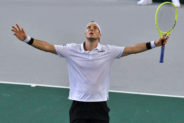 07 03 2020, GER, Davis Cup, Germany vs. Belarus 07 03 2020, GER, Davis Cup, Germany vs. Belarus , CASTELLO , Duesseldorf, in the picture picture picture shows Jan Lennard Struff GER Cheering joy emotion after his victory nordphoto Mauelshagen nph00321