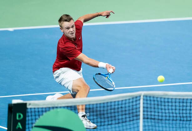 Single between Holger Rune and Quinton Vega Denmark meets Puerto Rico in Davis Cup in Holbaek Sportsby, Saturday, March 7, 2020, Holbaek Denmark,  Copyright: ClausxBechx cop103 spdk20200307-163716-L