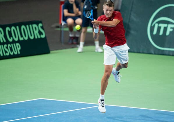 Single between Holger Rune and Quinton Vega Denmark meets Puerto Rico in Davis Cup in Holbaek Sportsby, Saturday, March 7, 2020, Holbaek Denmark,  Copyright: ClausxBechx cop103 spdk20200307-163721-L