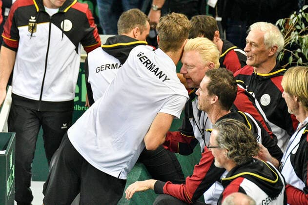 07 03 2020, GER, Davis Cup, Germany vs. Belarus 07 03 2020, GER, Davis Cup, Germany vs. Belarus , CASTELLO , Duesseldorf, in the picture picture picture shows Jan Lennard Struff GER Jubilee Joy Emotion with Boris Becker nordphoto Mauelshagen nph00321