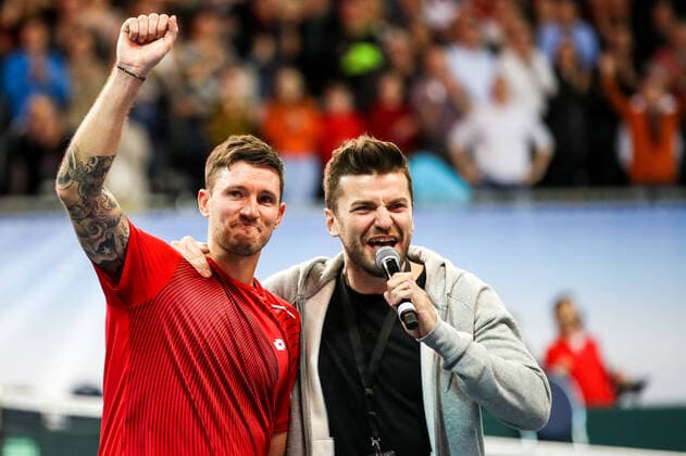 TENNIS - Davis Cup, AUT vs URU PREMSTAETTEN,AUSTRIA,07.MAR.20 - TENNIS - ITF Davis Cup, Austria vs Uruguay. Image shows the rejoicing of Dennis Novak (AUT) and Thomas Seidl. GEPAxpictures xMaticxKlansek