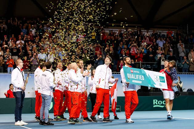TENNIS - Davis Cup, AUT vs URU PREMSTAETTEN,AUSTRIA,07.MAR.20 - TENNIS - ITF Davis Cup, Austria vs Uruguay. Image shows the rejoicing of team Austria. GEPAxpictures xMaticxKlansek