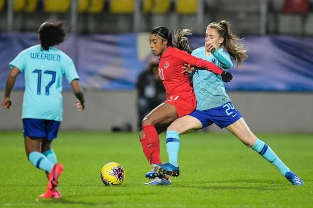 (L-R) Ashleigh Weerden of Netherlands women, Ashley Lawrence of Canada women, Joelle Smits of Netherlands women during the women s International Friendly, Länderspiel, Nationalmannschaft Tournoi de France match between Canada and The Netherlands at Stade de l Epopeeon March 07, 2020 in Calais, France International Friendly 2019 2020 xVIxANPxSportx xGerritxvanxKeulenxIVx 407874164