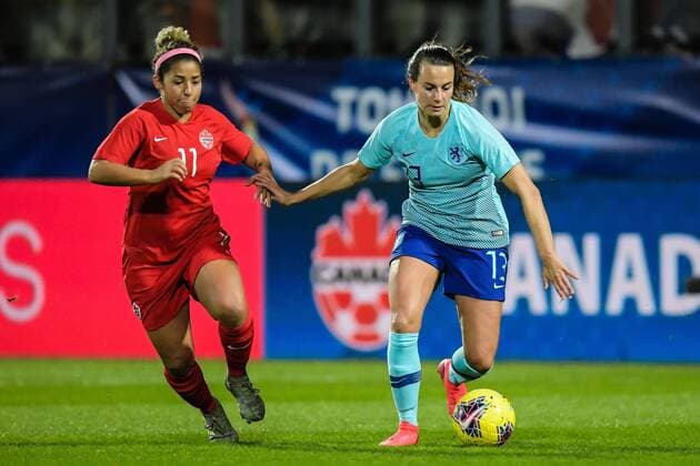 (L-R) Desiree Scott of Canada women, Renate Jansen of Netherlands women during the women s International Friendly, Länderspiel, Nationalmannschaft Tournoi de France match between Canada and The Netherlands at Stade de l Epopeeon March 07, 2020 in Calais, France International Friendly 2019 2020 xVIxANPxSportx xGerritxvanxKeulenxIVx 407874219