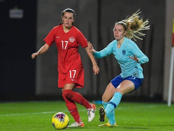 (L-R) Jessie Flemming of Canada women, Kika van Es of Netherlands women during the women s International Friendly, Länderspiel, Nationalmannschaft Tournoi de France match between Canada and The Netherlands at Stade de l Epopeeon March 07, 2020 in Calais, France International Friendly 2019 2020 xVIxANPxSportx xGerritxvanxKeulenxIVx 407876343