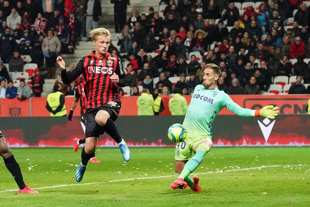 But - Kasper Dolberg (OGC Nice) - Binjamin Lecomte (AS Monaco) FOOTBALL : OGC Nice vs AS Monaco - Ligue 1 Conforama - Nice - 07 03 2020 NorbertScanella PanoramiC 