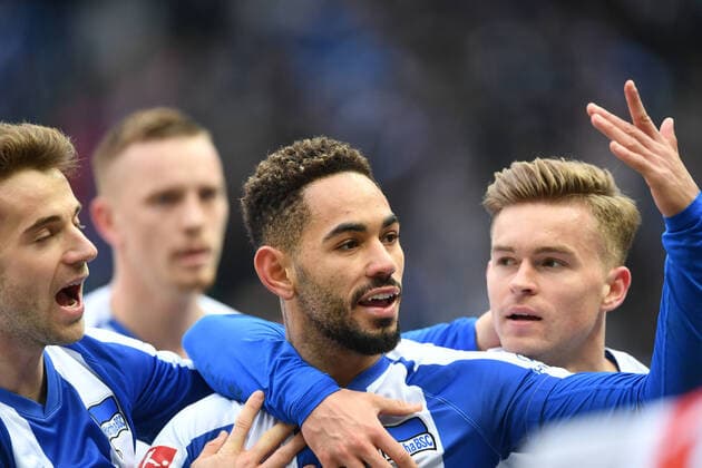 Matheus Santos Carneiro da Cunha Hertha BSC , cheering after his goal to 2 2,, left Lukas Klünter Hertha BSC , right Maximilian Mittelstädt Hertha BSC , behind Marius Wolf Hertha BSC , Hertha BSC Berlin SV Werder Bremen 1 Bundesliga 2019 2020, 1 BL, 1 Bundesliga, DFL, football, soccer, men, men, men, Germany, Germany Berlin, 7 3 2020, Olympiastadion DFL REGULATIONS PROHIBIT ANY USE OF PHOTOGRAPHS AS IMAGE SEQUENCES AND OR QUASI VIDEO