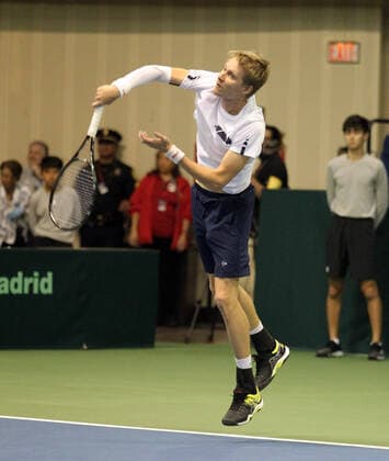 March 7, 2020 - Sanjar Fayziev (UZB) serves the ball during a Davis Cup by Rakuten Qualifier doubles match between Sanjar Fayziev (UZB) Denis Istomin (UZB) and Bob Bryan (USA) Mike Bryan (USA) at the Neal Blaisdell Center in Honolulu, HI - CSM Honolulu USA - ZUMAc04_ 20200307_zaf_c04_265 Copyright: xMichaelxSullivanx