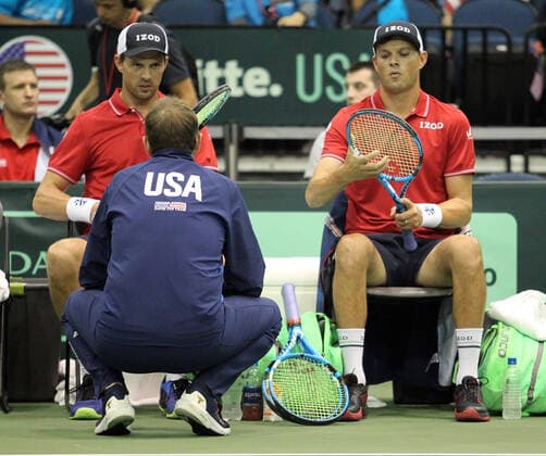 March 7, 2020 - USA Team Captain Mardy Fish talks to his players during a Davis Cup by Rakuten Qualifier doubles match between Sanjar Fayziev (UZB) Denis Istomin (UZB) and Bob Bryan (USA) Mike Bryan (USA) at the Neal Blaisdell Center in Honolulu, HI - CSM Honolulu USA - ZUMAc04_ 20200307_zaf_c04_280 Copyright: xMichaelxSullivanx