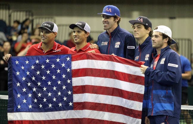 March 7, 2020 - Winners, Team USA pose after Davis Cup by Rakuten Qualifier doubles match between Sanjar Fayziev (UZB) Denis Istomin (UZB) and Bob Bryan (USA) Mike Bryan (USA) at the Neal Blaisdell Center in Honolulu, HI - CSM Honolulu USA - ZUMAc04_ 20200307_zaf_c04_308 Copyright: xMichaelxSullivanx