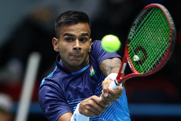 (200308) -- ZAGREB, March 8, 2020 -- Sumit Nagal of India hits a return during the match against Marin Cilic of Croatia at the Davis Cup Qualifiers between Croatia and India in Zagreb, Croatia, March 7, 2020. ( Pixsell via Xinhua) (SP)CROATIA-ZAGREB-TENNIS-DAVIS CUP-QUALIFIERS GoranxStanzl 