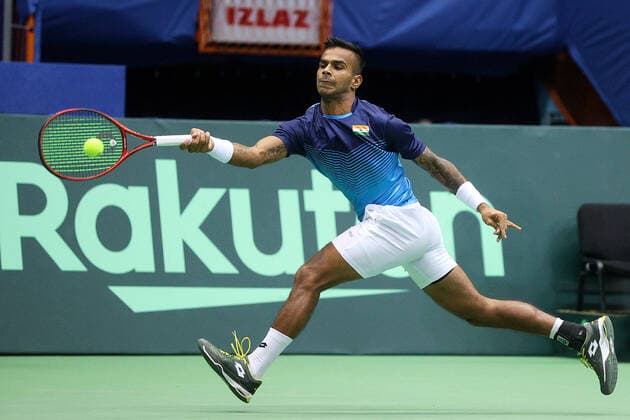 (200308) -- ZAGREB, March 8, 2020 -- Sumit Nagal of India hits a return during the match against Marin Cilic of Croatia at the Davis Cup Qualifiers between Croatia and India in Zagreb, Croatia, March 7, 2020. ( Pixsell via Xinhua) (SP)CROATIA-ZAGREB-TENNIS-DAVIS CUP-QUALIFIERS GoranxStanzl 