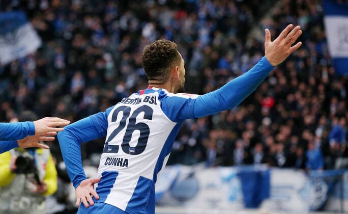 Matheus Cunha 2 2 joy emotion jubilant jubilation after 2 2 compensation sport football football DFL Bundesliga men season 2019 2020 07 03 2020 Hertha BSC Berlin vs SV Werder Bremen DFL regulations prohibit any use of photographs as image sequences and or quasi video