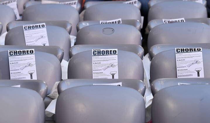 Football 1 Bundesliga Season 2019 2020 23 Matchday FC Bayern Muenchen FC Augsburg 08 03 2020 Posters at the stadium seats of the Allianz Arena to prepare the fan choreography for the 120th anniversary of FC Bayern