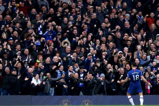 8th March 2020; Stamford Bridge, London, England; English Premier League Football, Chelsea versus Everton; Olivier Giroud of Chelsea celebrates his goal for 4-0 in the 54th minute  ActionPlus12216555 ShaunxBrooks