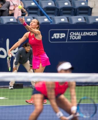 The duo formed by the Canadian tennis player Sharon Fichman (front) and the Ukrainian Kateryna Bondarenko (behind) in action against the pair of the Japanese Miyu Kato and the Chinese Yafan Wang, during the women s doubles final of the Monterrey Tennis Open, in Monterrey, Mexico, 08 March 2020. Monterrey Open: Women s Doubles Final !ACHTUNG: NUR REDAKTIONELLE NUTZUNG!  Copyright: xMiguelxSierrax AME2710 20200308-637193077499293928