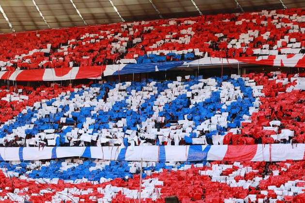 FC Bayern Munich, 120 years, choreography, fans, fan block, south curve football Allianz Arena Munich FC Bayern Munich FC Augsburg 08 04 2020