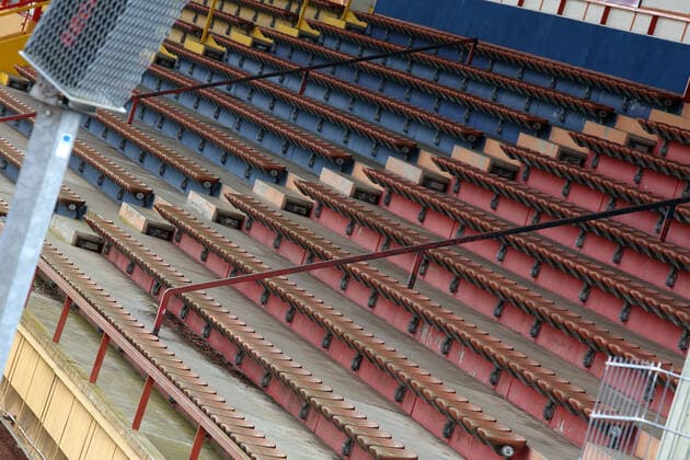 Fear of coronavirus, there are also ghost games in the Bundesliga Symbol image, empty spectator stands in the Leimbach Stadium in Siegen, home of the Sportfreunde Siegen Symbol image on the topic of coronavirus, ghost games on 09 03 2020 in Siegen Germany