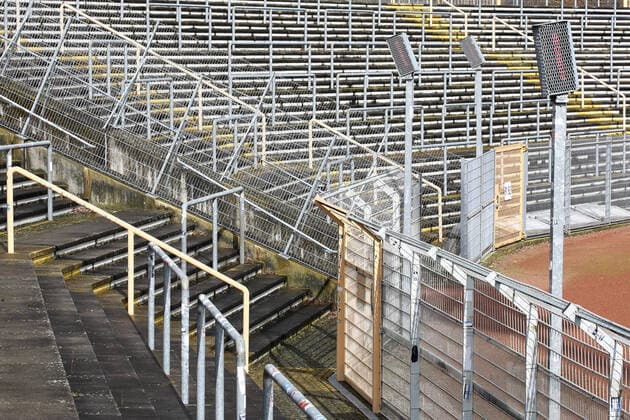 Fear of coronavirus, there are also ghost games in the Bundesliga Symbol image, empty spectator stands in the Leimbach Stadium in Siegen, home of the Sportfreunde Siegen Symbol image on the topic of coronavirus, ghost games on 09 03 2020 in Siegen Germany