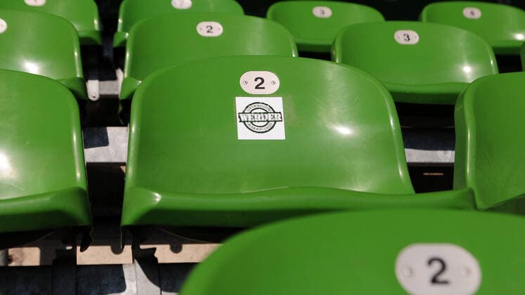 As a precaution against the spread of the coronavirus, football matches without an audience are discussed, here in the picture Empty seats, empty seats, empty stadium, an empty seat shell with a Werder sticker in the wohninvestWESERSTADION, Weserstadion, 09 03 2020, Bremen Germany , Football, Bundesliga, wohninvestWESERSTAION, SV Werder Bremen xobx