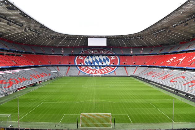 Topic picture GHOSTLY GAMES in football because of the rampant coronovirus Archive photo empty Allianz Arena, stadium, sports facilities, interior, empty ranks, empty Overview, FC Bayern Muenchen, on 27 08 2018