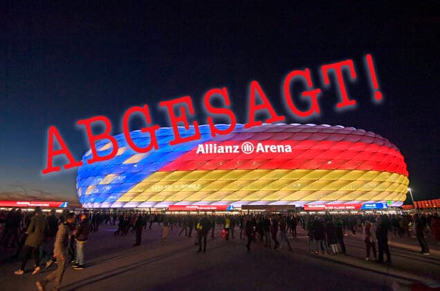 ARCHIVBILD 25 09 2018, Soccer 1 Bundesliga 2018 2019, 5 Matchday, FC Bayern München FC Augsburg, in the Allianz Arena Munich The outer facade of the arena is illuminated with the colors with the European flag and the German flag for the EM 2024 bid Current 10 03 2020, Soccer EM 2020, cancellation and postponement is in the room, because of the corona virus DFL and DFB regulations prohibit any use of photographs as image sequences and or quasi video
