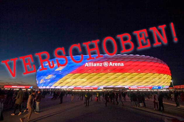 ARCHIVBILD 25 09 2018, Soccer 1 Bundesliga 2018 2019, 5 Matchday, FC Bayern München FC Augsburg, in the Allianz Arena Munich The outer facade of the arena is illuminated with the colors with the European flag and the German flag for the EM 2024 bid Current 10 03 2020, Soccer EM 2020, cancellation and postponement is in the room, because of the corona virus DFL and DFB regulations prohibit any use of photographs as image sequences and or quasi video