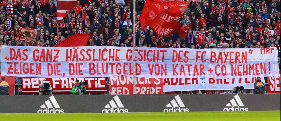 FC Bayern Munich, South Curve, Ultras, Provocation, Banners, Banners, Blood Money, Qatar Football Allianz Arena Munich FC Bayern Munich FC Augsburg 08 04 2020