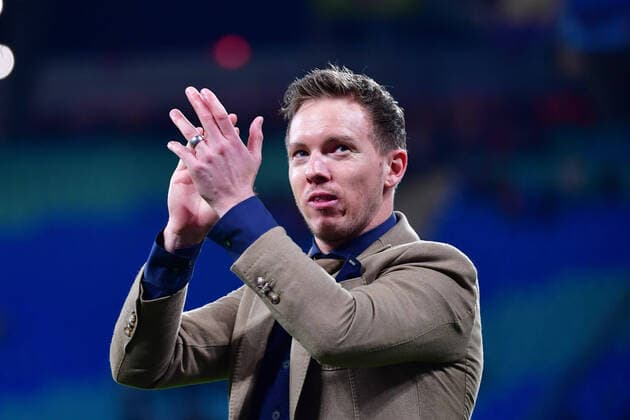 Football Champions League Round of 16 RB Leipzig Tottenham Hotspur on 10 03 2020 in the Red Bull Arena in Leipzig Julian Nagelsmann Head coach Leipzig celebrates the victory with the fans DFL Regulations prohibit any use of photographs as image sequences and or quasi video xMNx