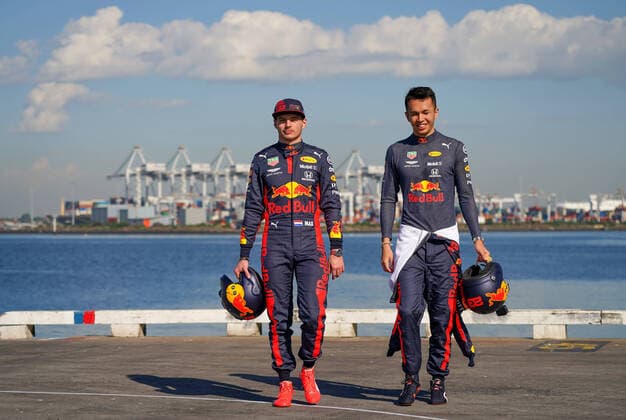 F1 GRAND PRIX MEDIA OPPS, Max Verstappen of the Netherlands and Red Bull Racing and Alexander Albon of Thailand and Red Bull Racing look on during the Aston Martin Red Bull Racing Cooler Runnings event ahead of the F1 Grand Prix of Australia at Station Pier in Melbourne, Wednesday, March 11, 2020. ( NO ARCHIVING, EDITORIAL USE ONLY, NO USE IN BOOKS WITHOUT CONSENT MELBOURNE VIC AUSTRALIA  Copyright: xSCOTTxBARBOURx 97775746st