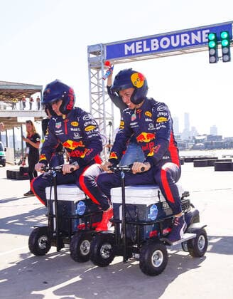 F1 GRAND PRIX MEDIA OPPS, Max Verstappen (left) of the Netherlands and Red Bull Racing rides on a motorised cooler with Alexander Albon of Thailand and Red Bull Racing during the Aston Martin Red Bull Racing Cooler Runnings event ahead of the F1 Grand Prix of Australia at Station Pier in Melbourne, Wednesday, March 11, 2020. ( NO ARCHIVING, EDITORIAL USE ONLY, NO USE IN BOOKS WITHOUT CONSENT MELBOURNE VIC AUSTRALIA  Copyright: xSCOTTxBARBOURx 97775777st
