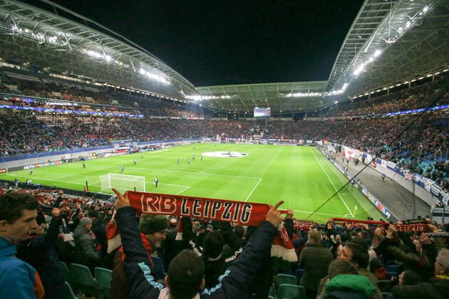 RB Leipzig Tottenham Football Champions League Leipzig, 10 03 2020, Red Bull Arena, Football, UEFA Champions League, Round of 16 return match , RB Leipzig vs Tottenham Hotspur 3 0 2 0 , In the picture fans hold scarves and stadium view , UEFA regulations prohibit any use of photographs as image sequences and or quasi video ,