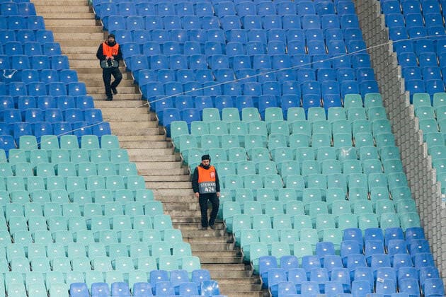 RB Leipzig Tottenham Football Champions League Leipzig, 10 03 2020, Red Bull Arena, Football, UEFA Champions League, Round of 16 return match , RB Leipzig vs. Tottenham Hotspur 3 0 2 0 , Ranks in the stadium empty in the picture , UEFA regulations prohibit any use of photographs as image sequences and or quasi video ,