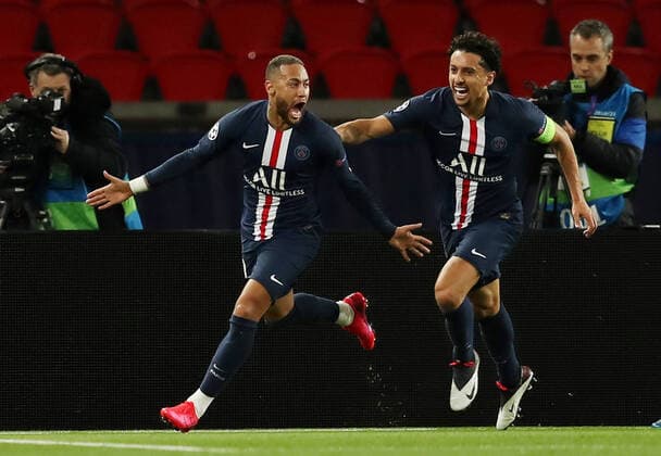 Soccer Football - Champions League - Round of 16 Second Leg - Paris St Germain v Borussia Dortmund - Parc des Princes, Paris, France - March 11, 2020 Paris St Germain s Neymar celebrates scoring their first goal with Marquinhos FOOTBALL : Paris St Germain v Borussia Dortmund - Ligue des Champions - Paris - 11 03 2020 Panoramic Panoramic 